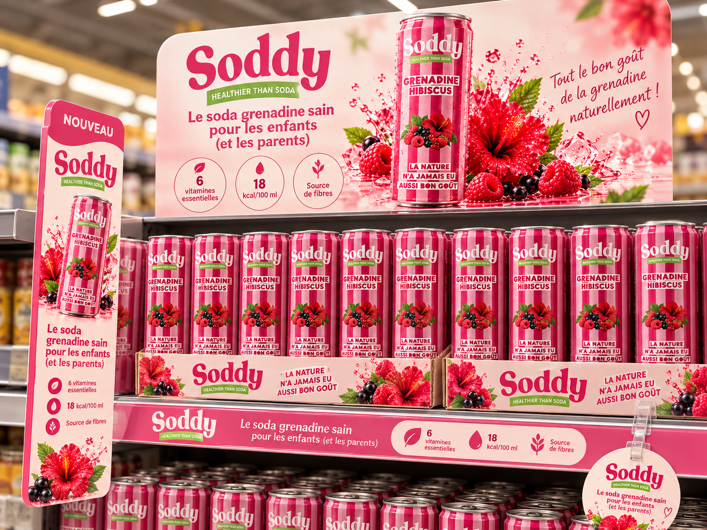 Présentoirs et palette Soddy Grenadine Hibiscus en rayon boissons