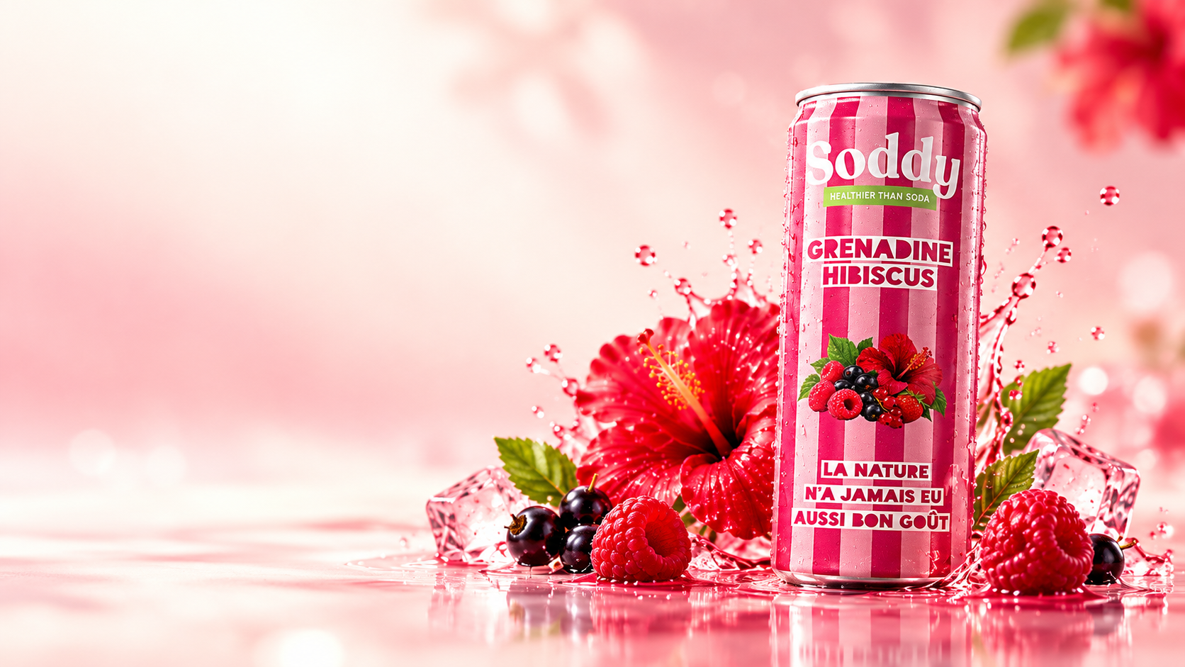 Canette Soddy Grenadine Hibiscus entourée de fleurs d'hibiscus, de fruits rouges et d'éclaboussures